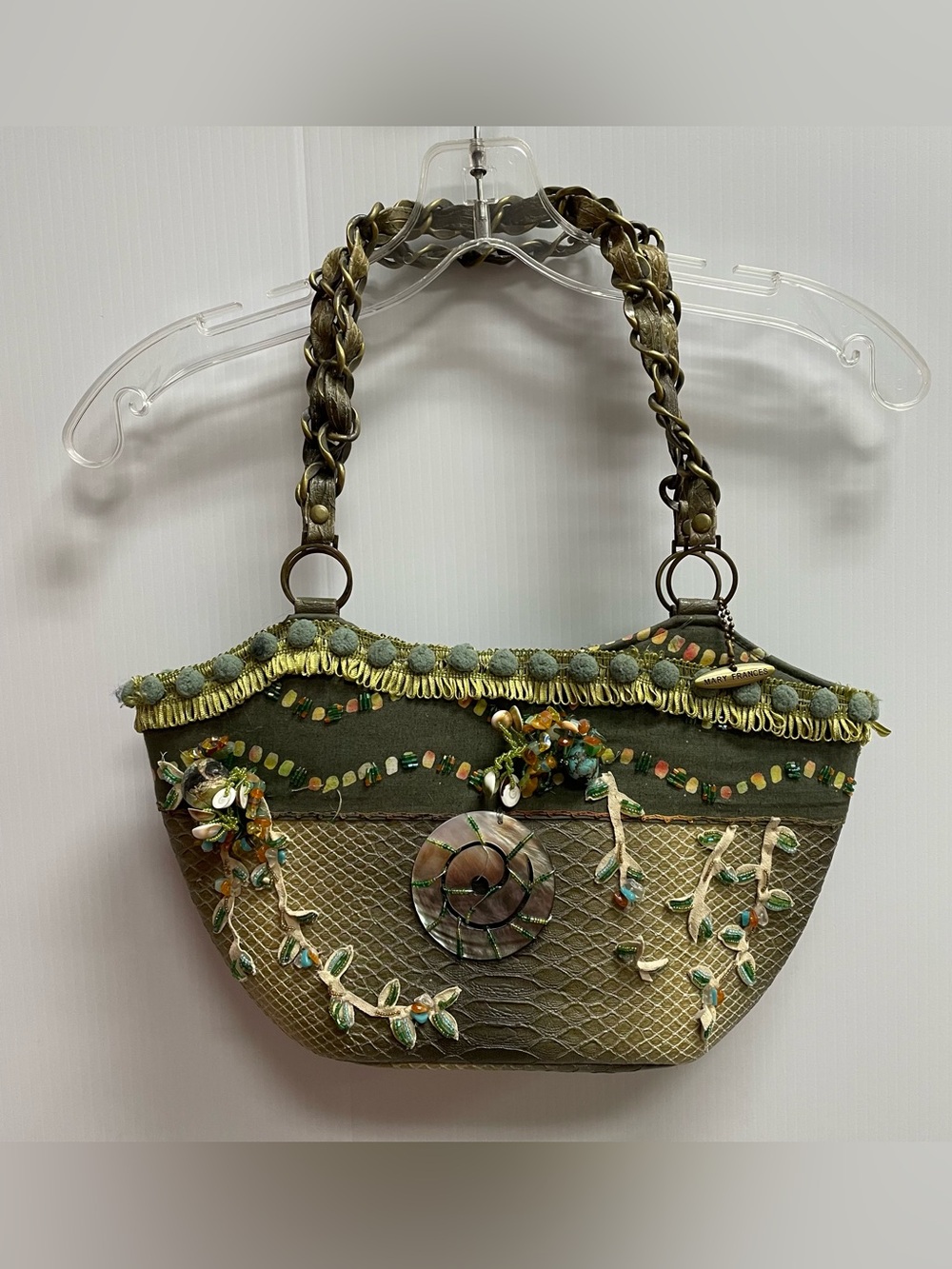 VINTAGE MARY FRANCES NAUTILUS SHELL & BEADS BEACHY FAUX SNAKE SKIN PURSE AS IS